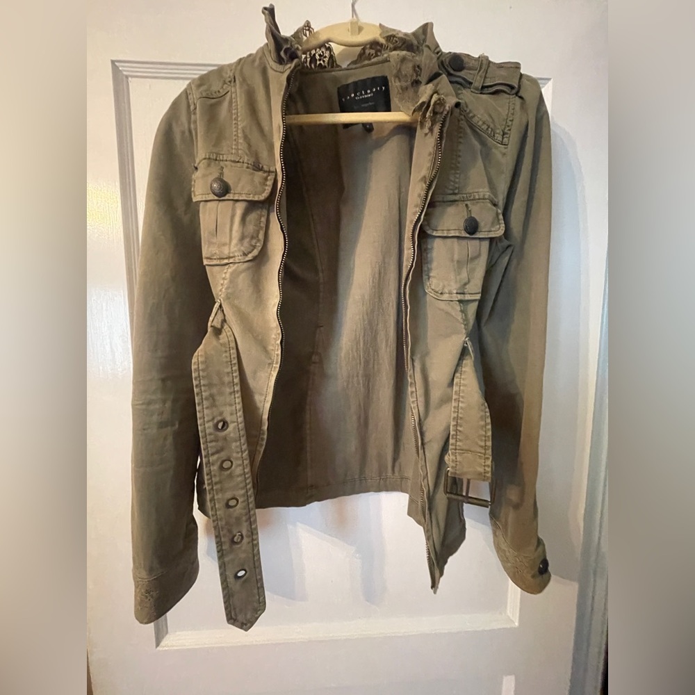 Women's Olive green jacket with lace detail and belt Anthropologie